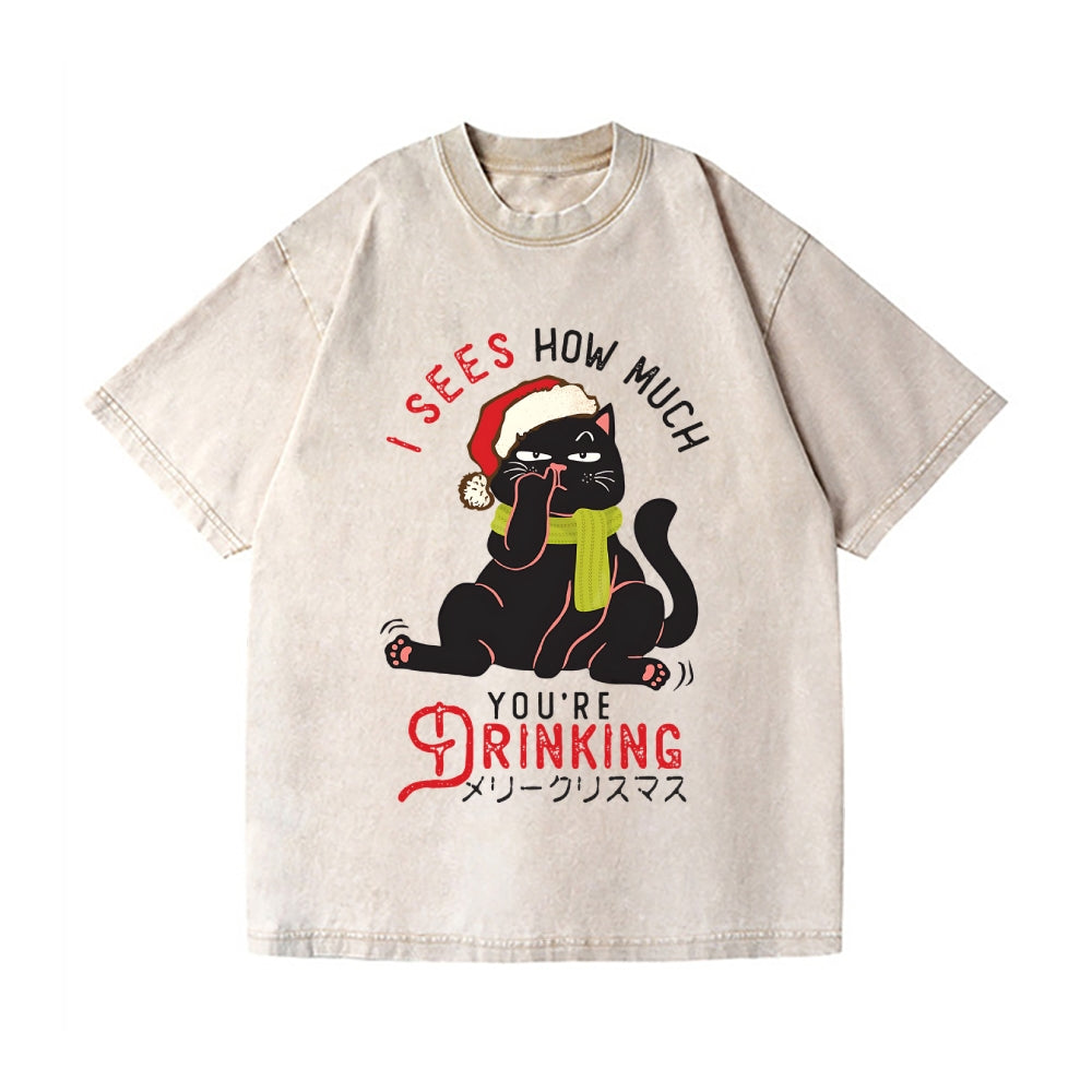 Christmas Cat Vintage Wash Japanese Design T-Shirt