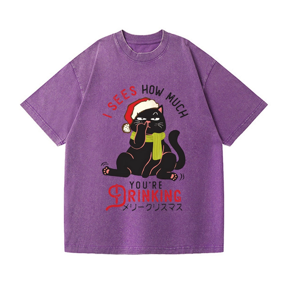 Christmas Cat Vintage Wash Japanese Design T-Shirt