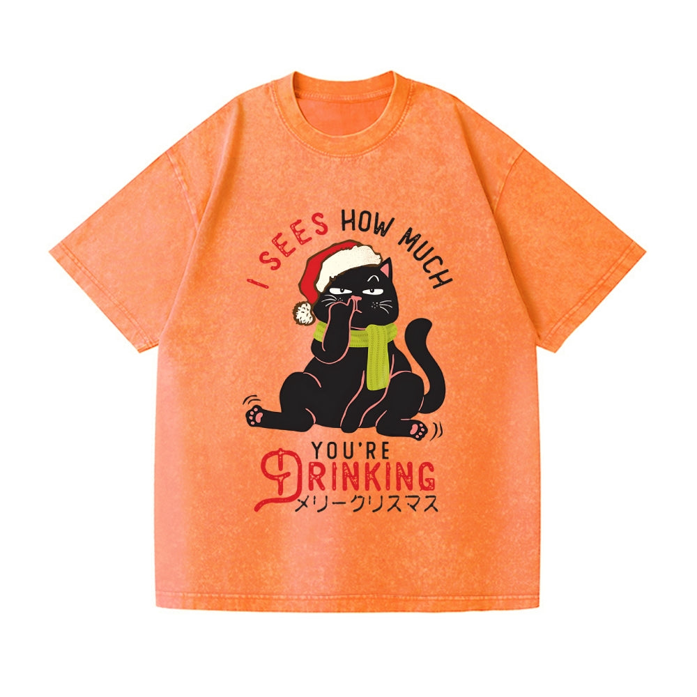 Christmas Cat Vintage Wash Japanese Design T-Shirt