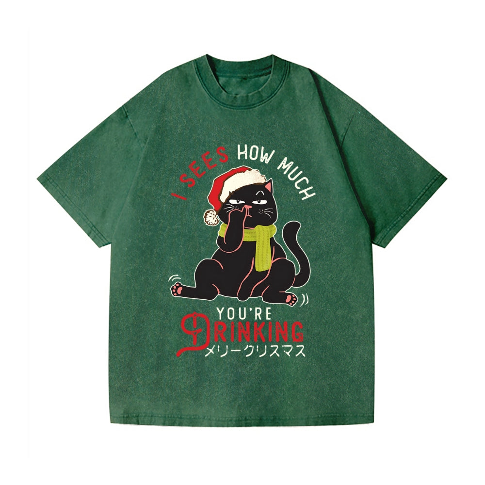 Christmas Cat Vintage Wash Japanese Design T-Shirt