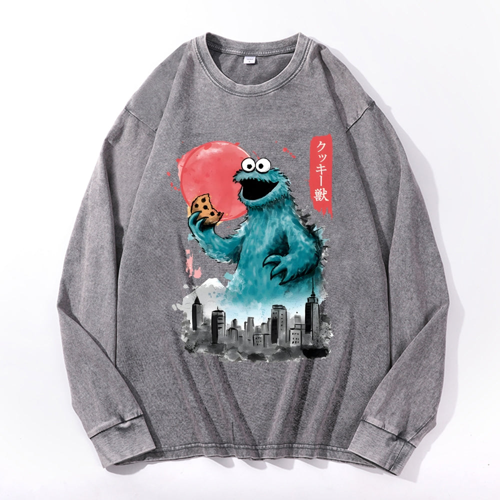 Cookie Kaiju Vintage Cotton Wash Crewneck Long-Sleeve T-Shirt