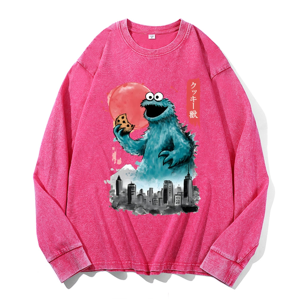 Cookie Kaiju Vintage Cotton Wash Crewneck Long-Sleeve T-Shirt