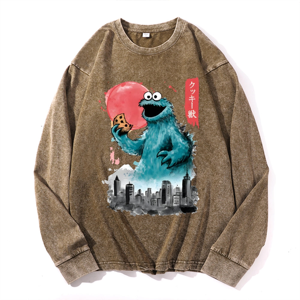 Cookie Kaiju Vintage Cotton Wash Crewneck Long-Sleeve T-Shirt