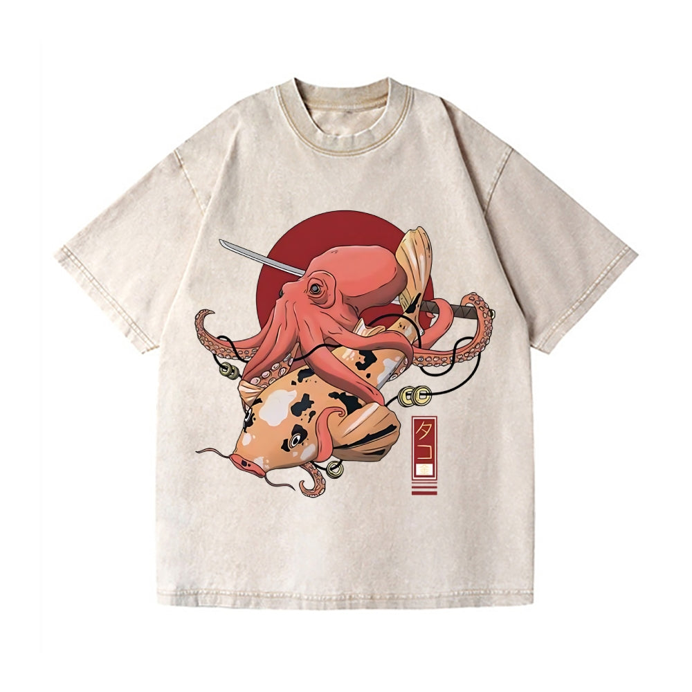 Octopus Samurai Vintage Wash Japanese Design T-Shirt