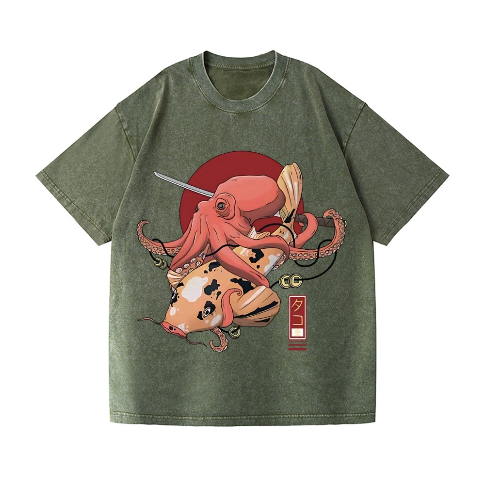 Octopus Samurai Vintage Wash Japanese Design T-Shirt