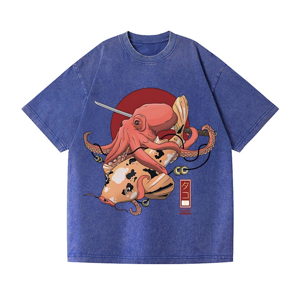 Octopus Samurai Vintage Wash Japanese Design T-Shirt
