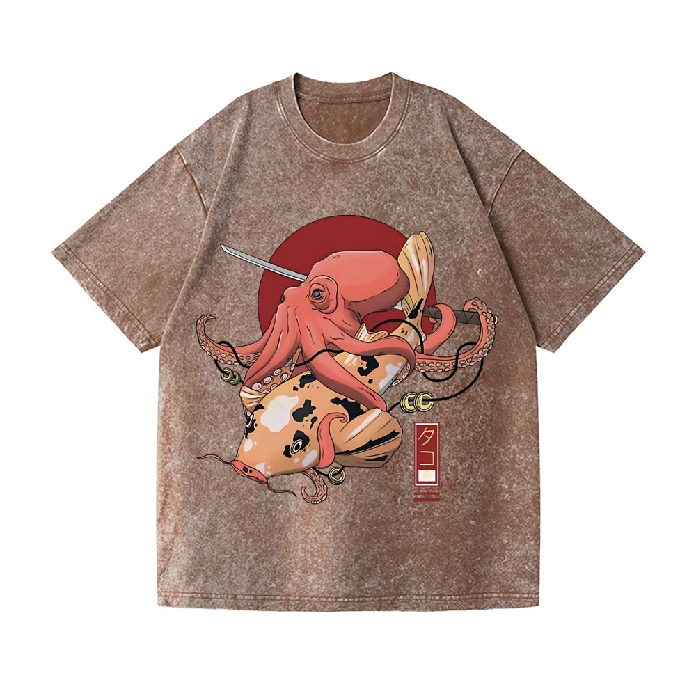 Octopus Samurai Vintage Wash Japanese Design T-Shirt