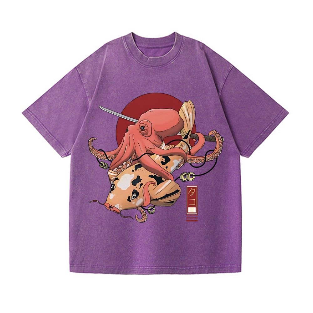 Octopus Samurai Vintage Wash Japanese Design T-Shirt