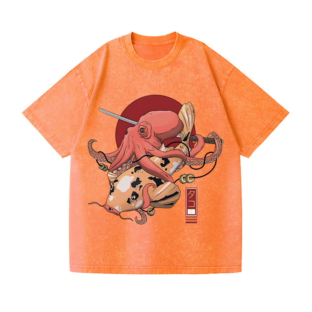 Octopus Samurai Vintage Wash Japanese Design T-Shirt