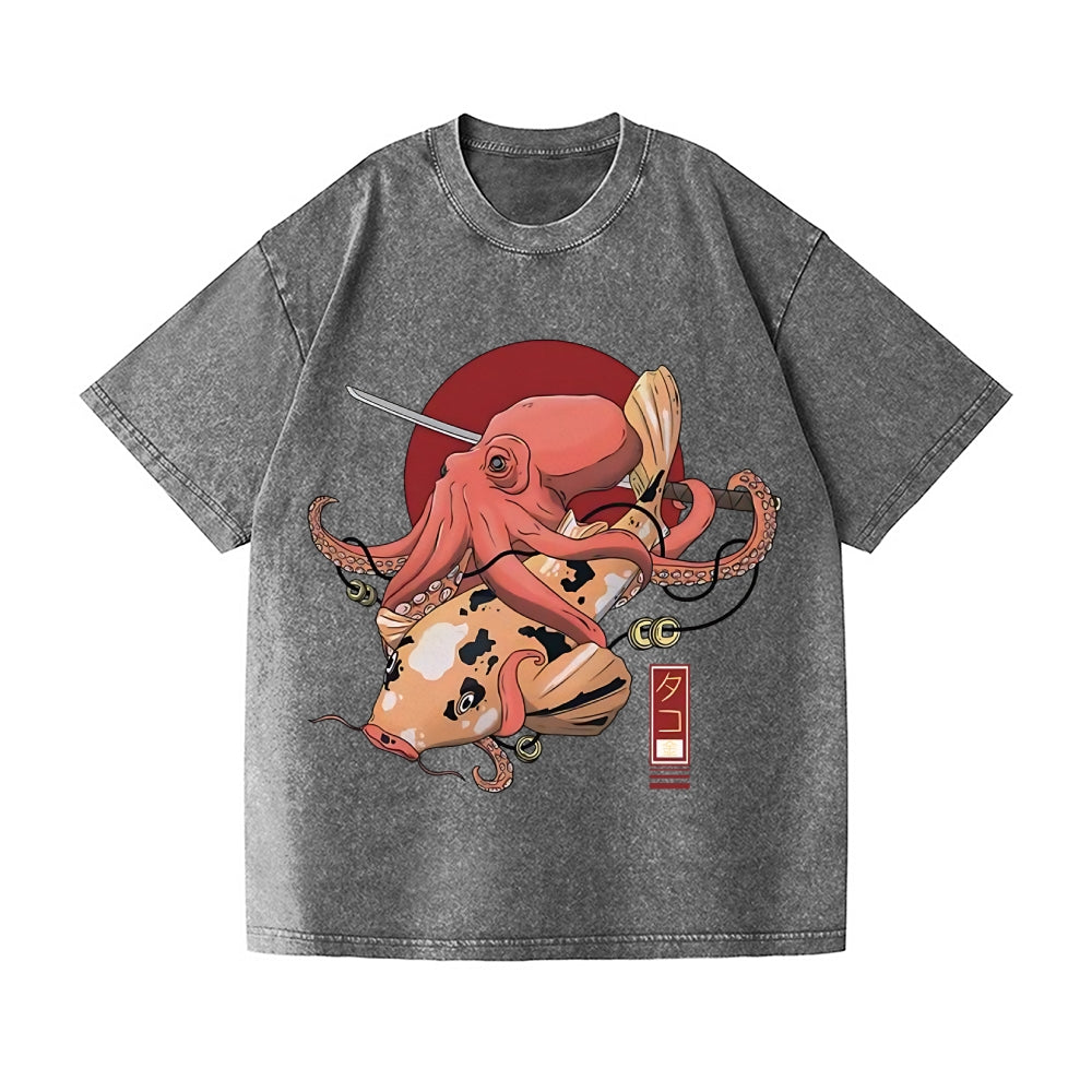 Octopus Samurai Vintage Wash Japanese Design T-Shirt