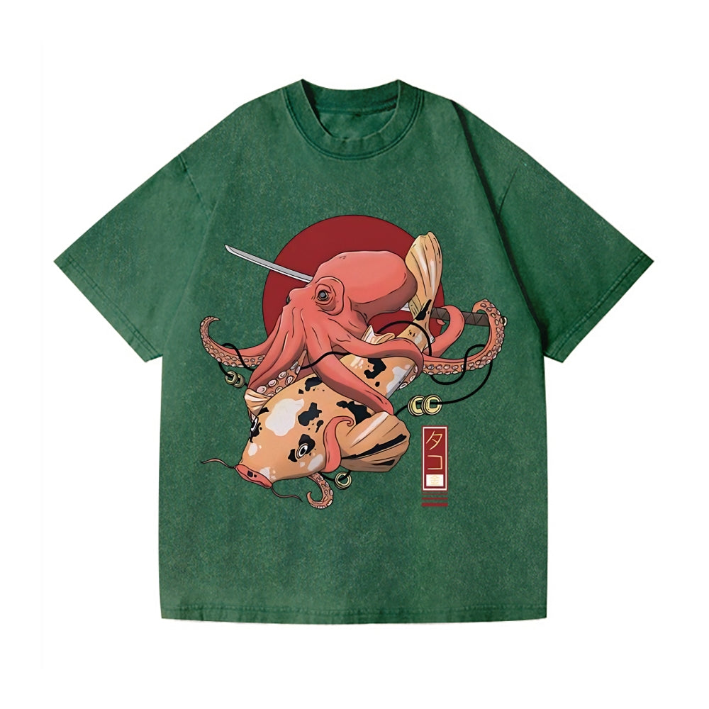 Octopus Samurai Vintage Wash Japanese Design T-Shirt