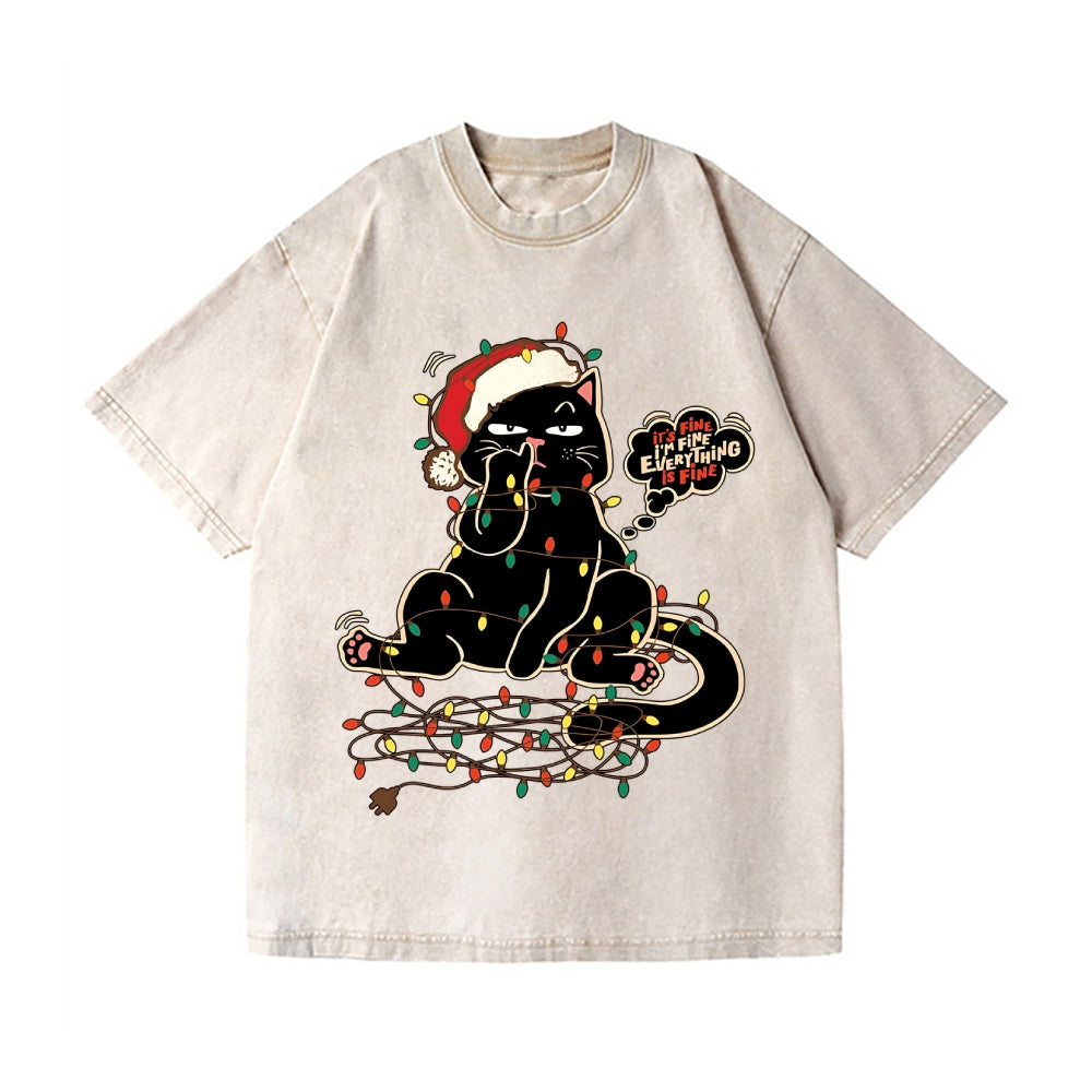 Merry Christmas Black Cat Vintage Wash Japanese Design T-Shirt