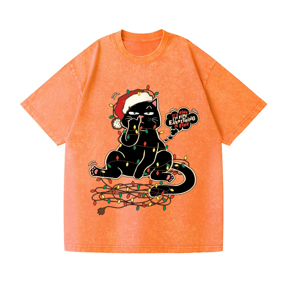Merry Christmas Black Cat Vintage Wash Japanese Design T-Shirt