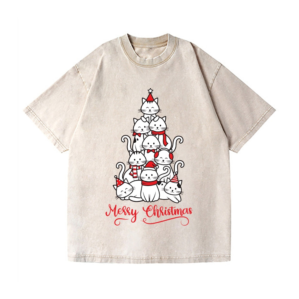 Merry Christmas Cat Tree Vintage Wash Japanese Design T-Shirt