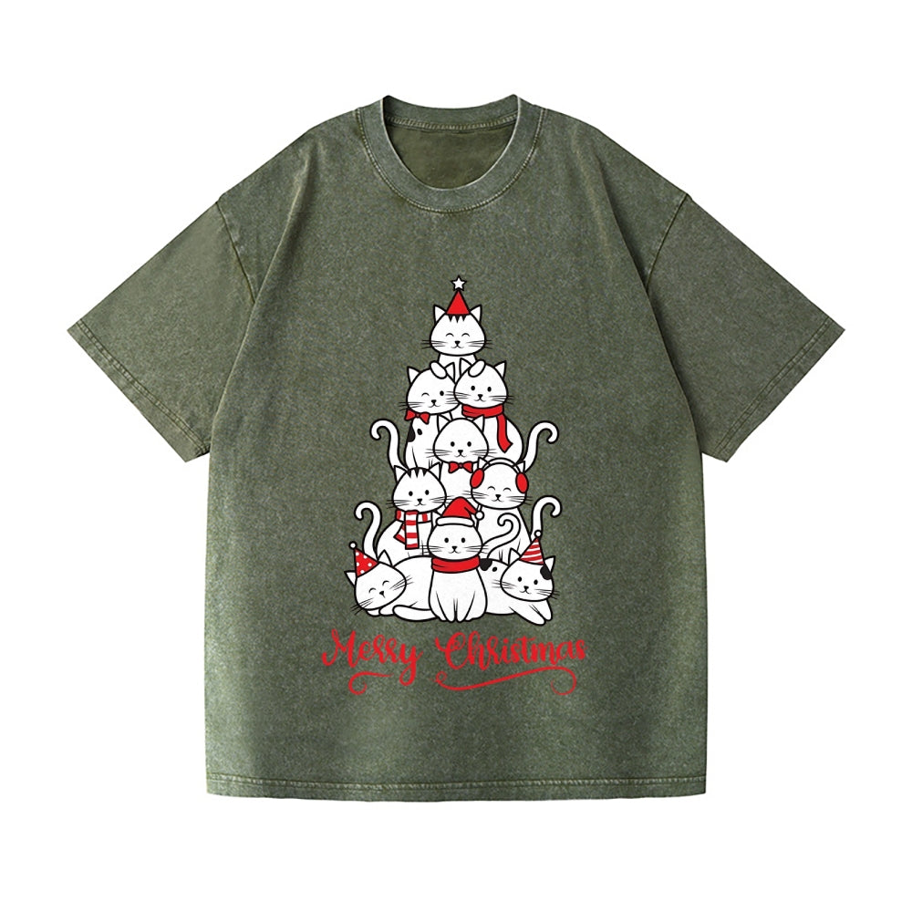 Merry Christmas Cat Tree Vintage Wash Japanese Design T-Shirt