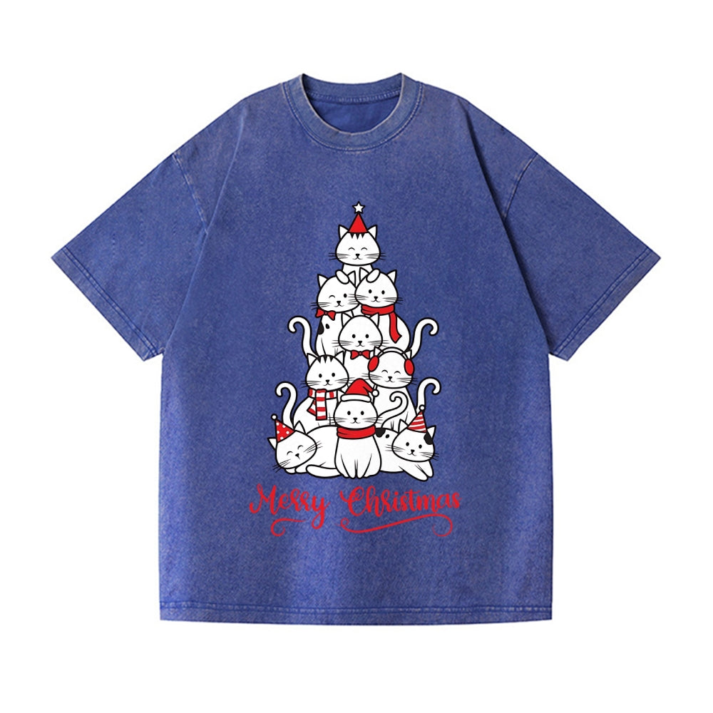 Merry Christmas Cat Tree Vintage Wash Japanese Design T-Shirt