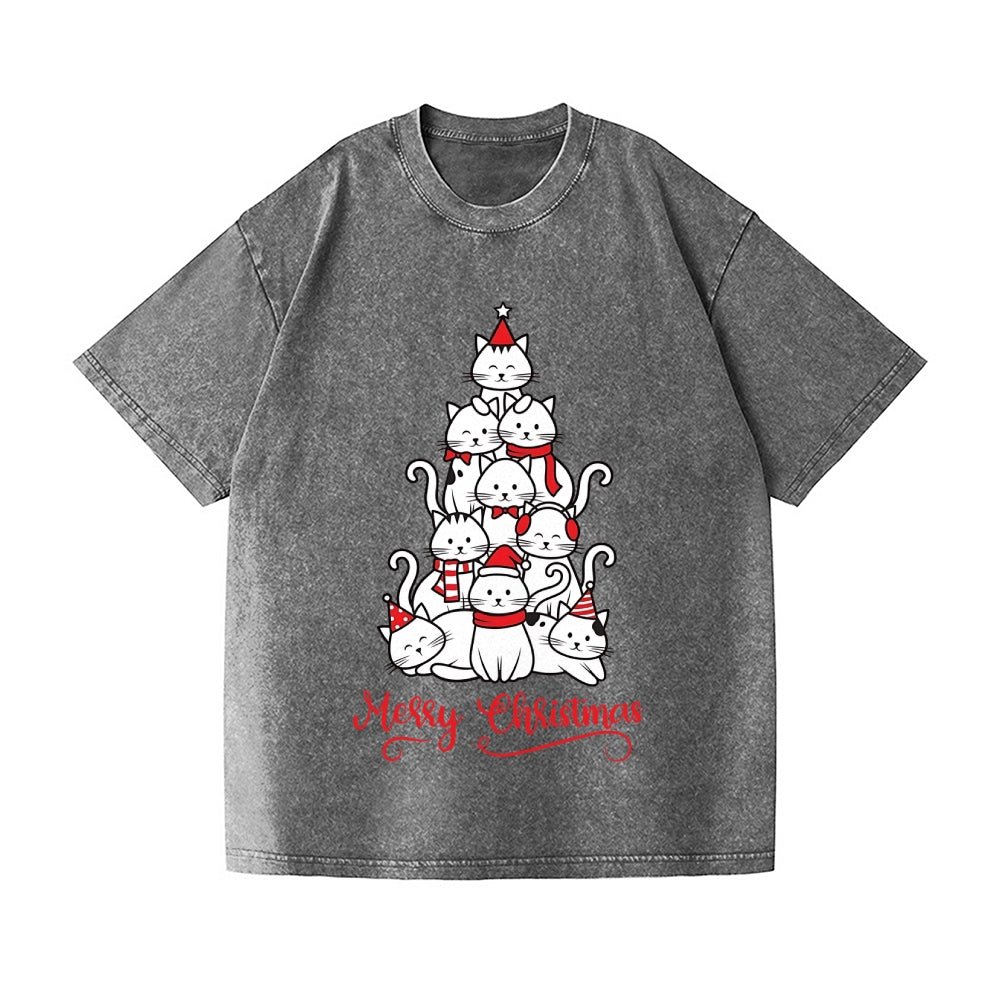Merry Christmas Cat Tree Vintage Wash Japanese Design T-Shirt