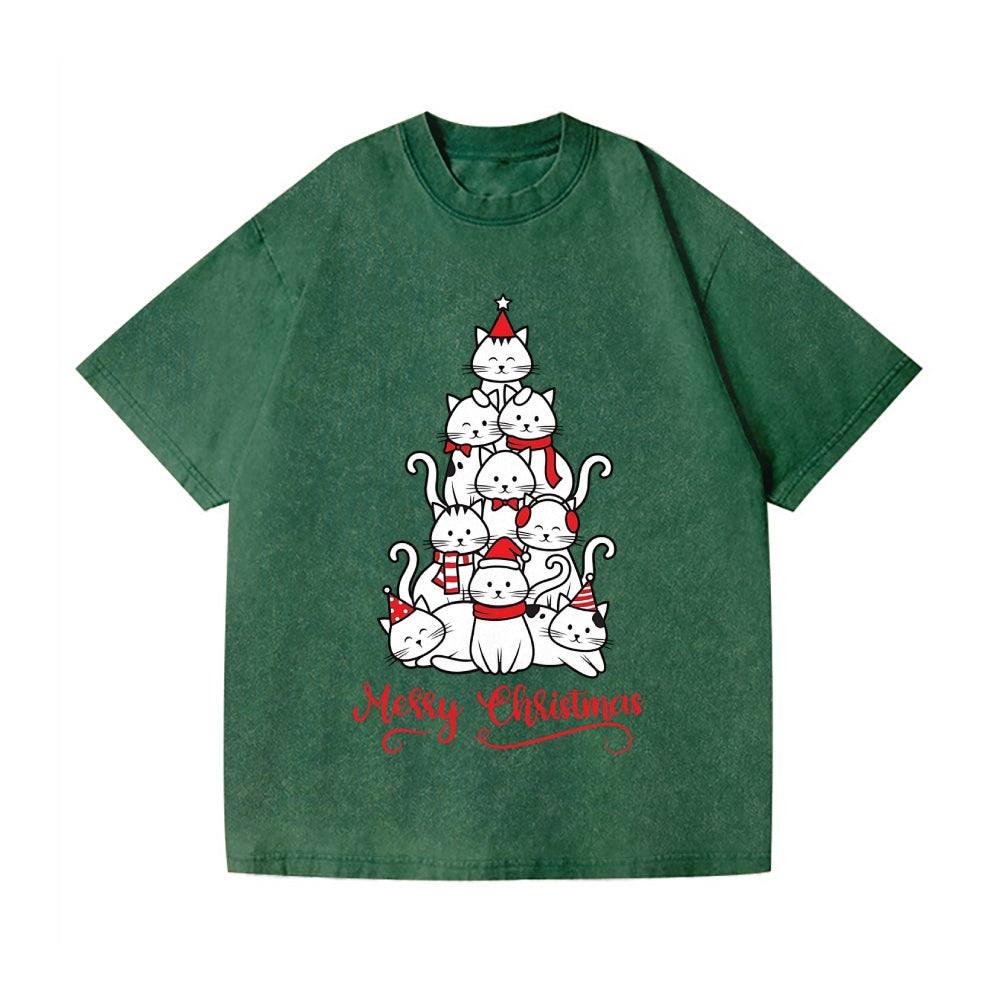 Merry Christmas Cat Tree Vintage Wash Japanese Design T-Shirt
