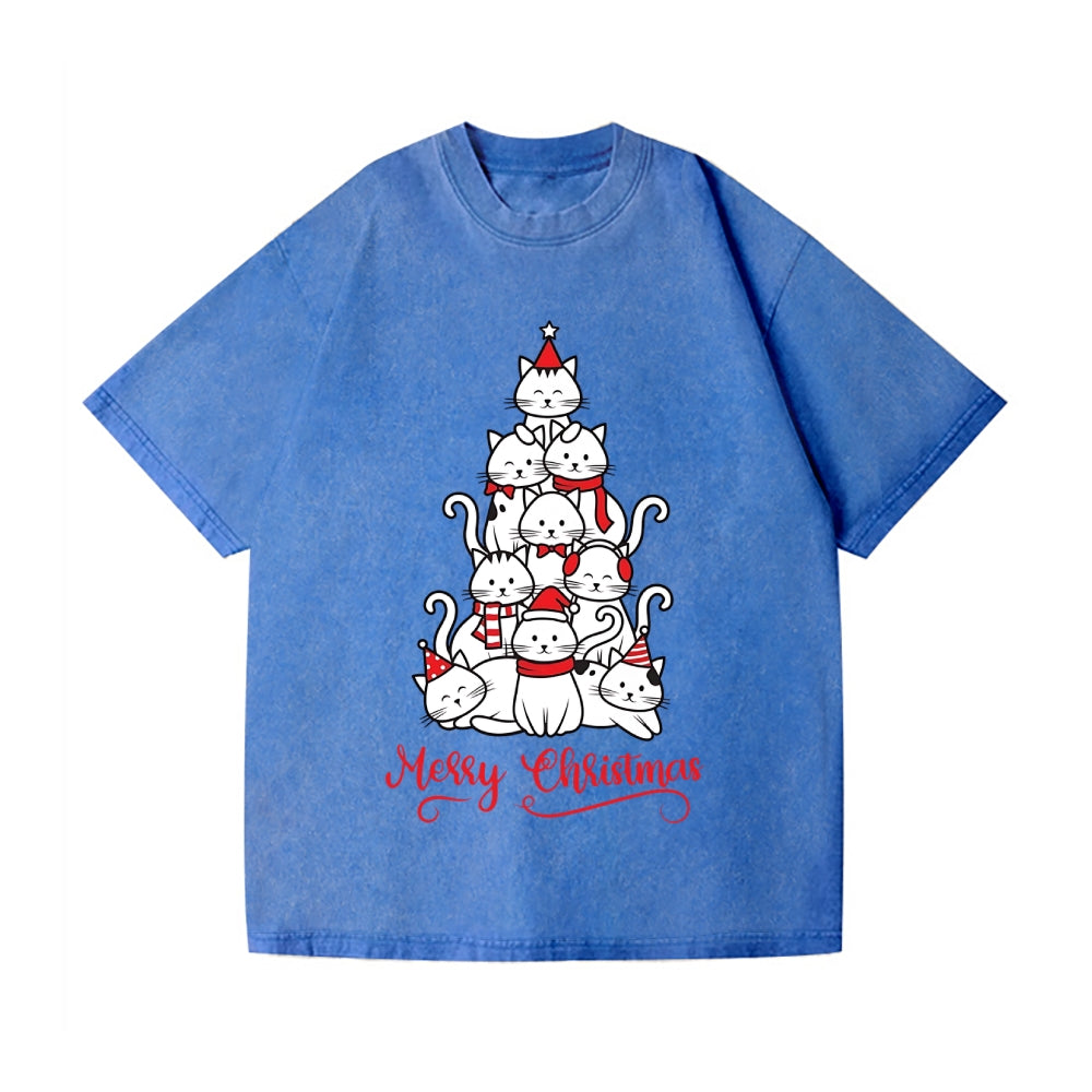 Merry Christmas Cat Tree Vintage Wash Japanese Design T-Shirt