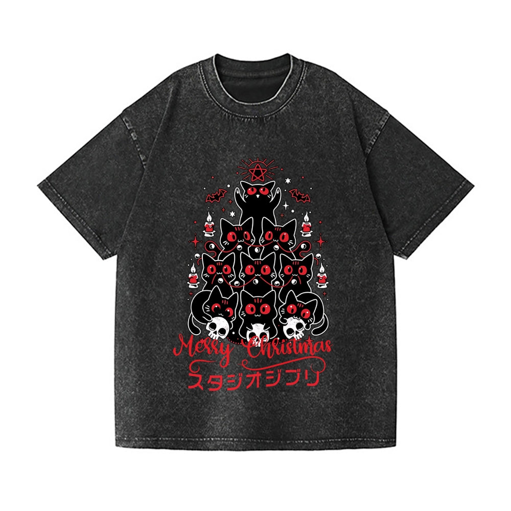 Dark Christmas Cat Vintage Wash Japanese Design T-Shirt
