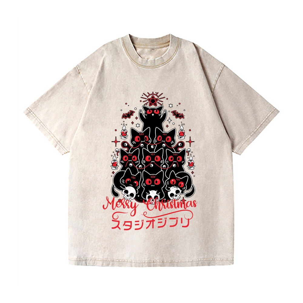 Dark Christmas Cat Vintage Wash Japanese Design T-Shirt