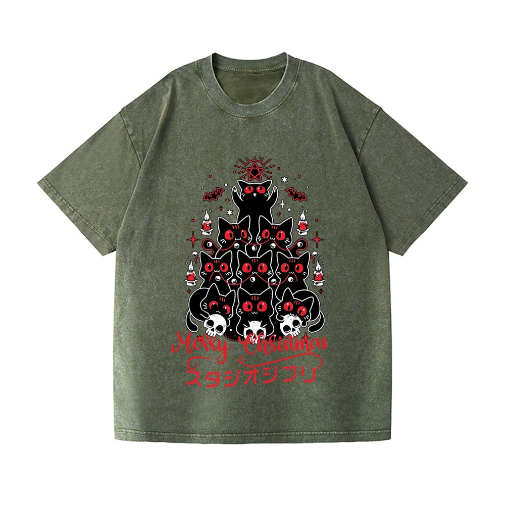 Dark Christmas Cat Vintage Wash Japanese Design T-Shirt