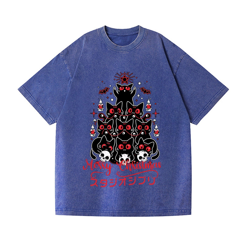 Dark Christmas Cat Vintage Wash Japanese Design T-Shirt
