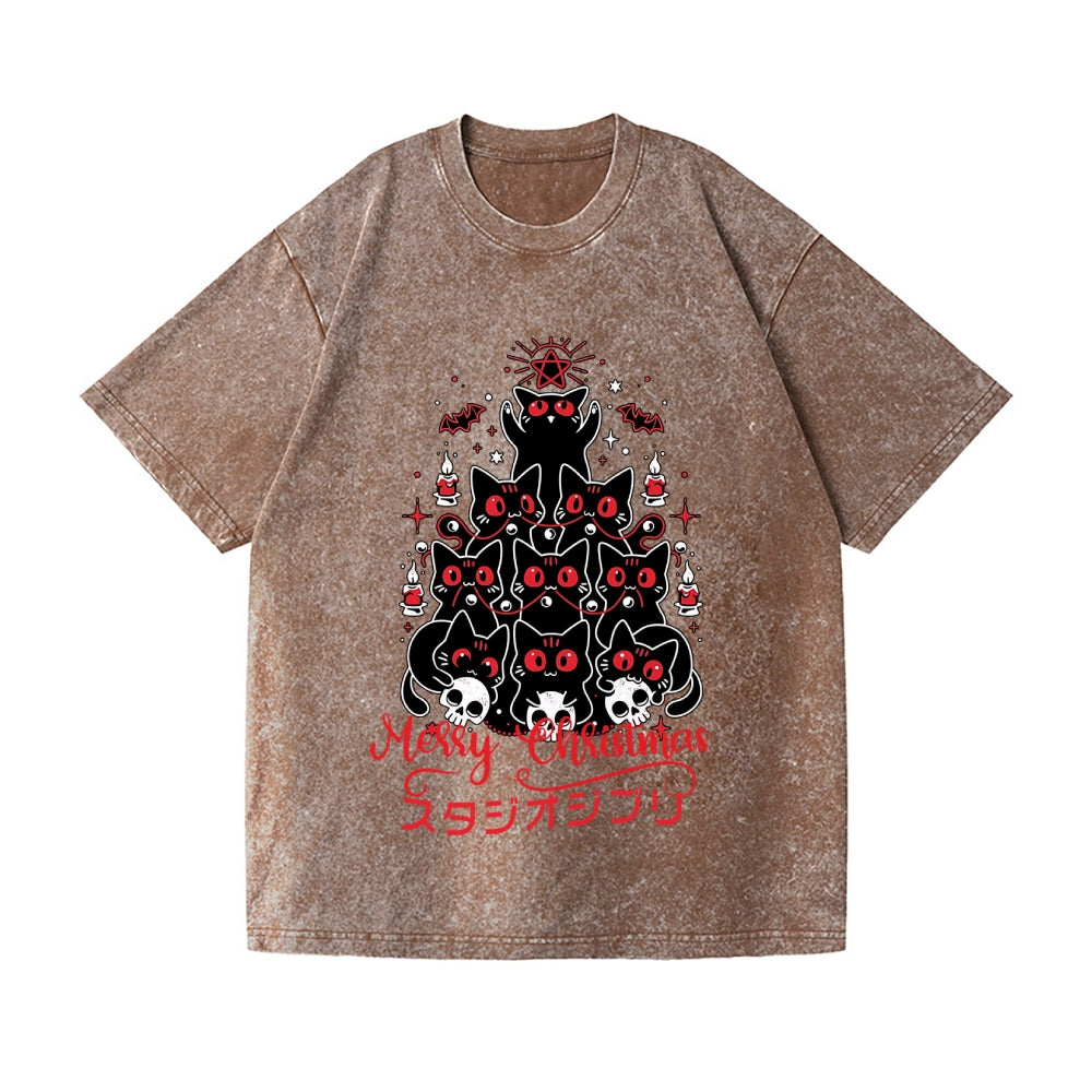 Dark Christmas Cat Vintage Wash Japanese Design T-Shirt