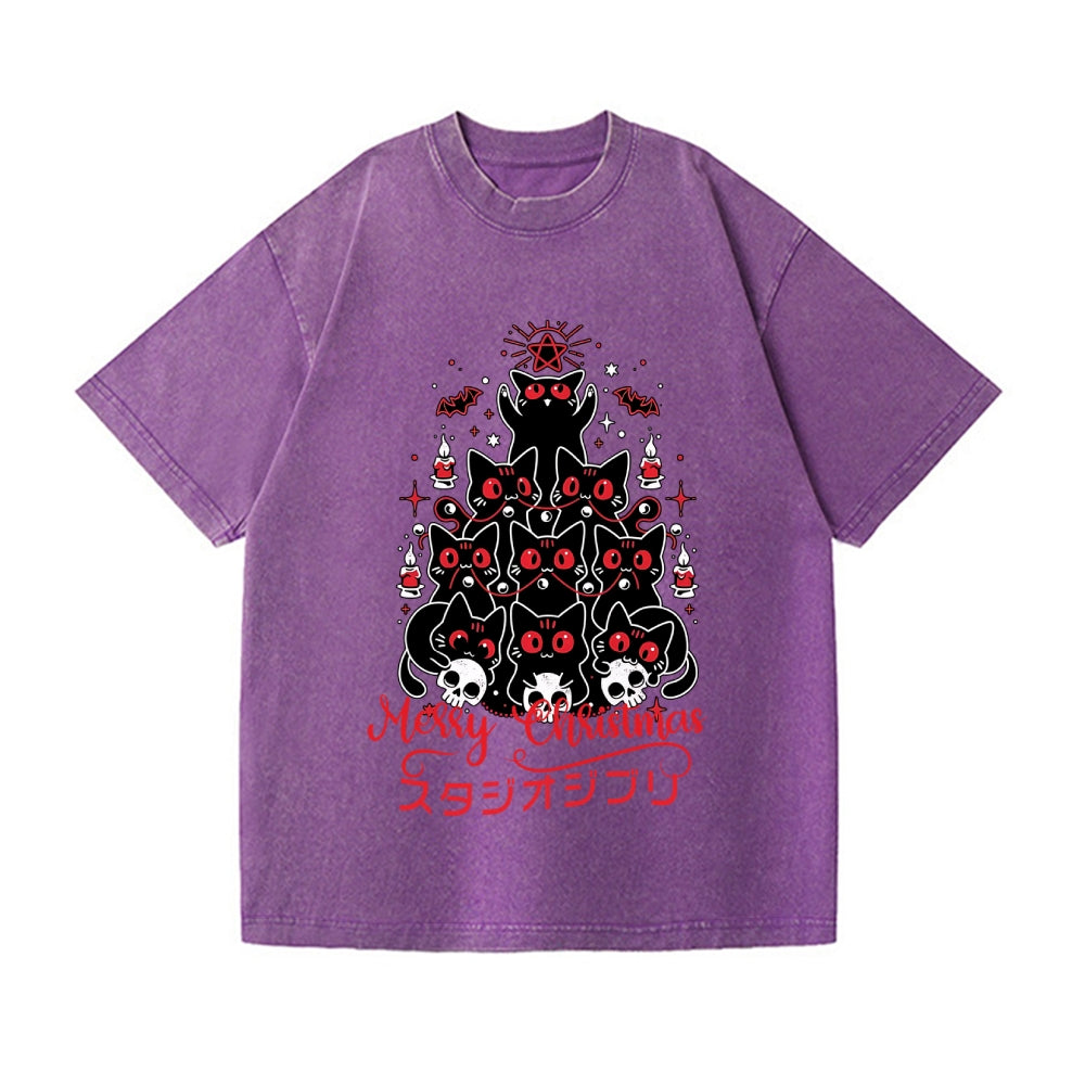 Dark Christmas Cat Vintage Wash Japanese Design T-Shirt