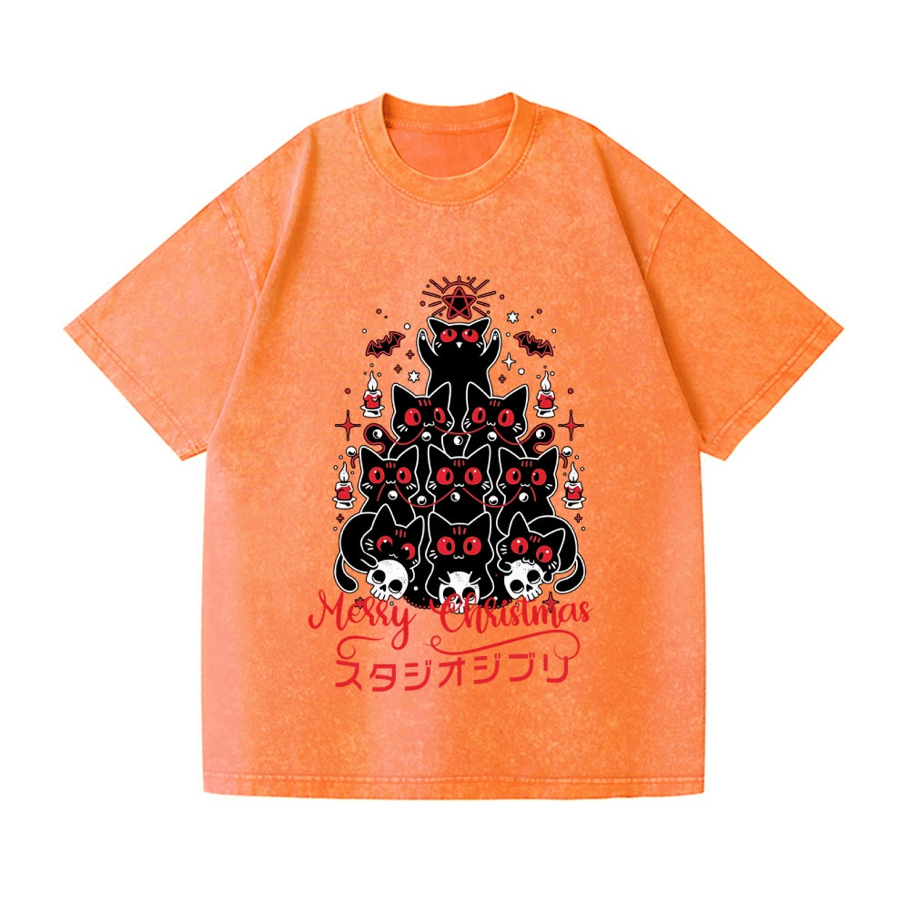 Dark Christmas Cat Vintage Wash Japanese Design T-Shirt