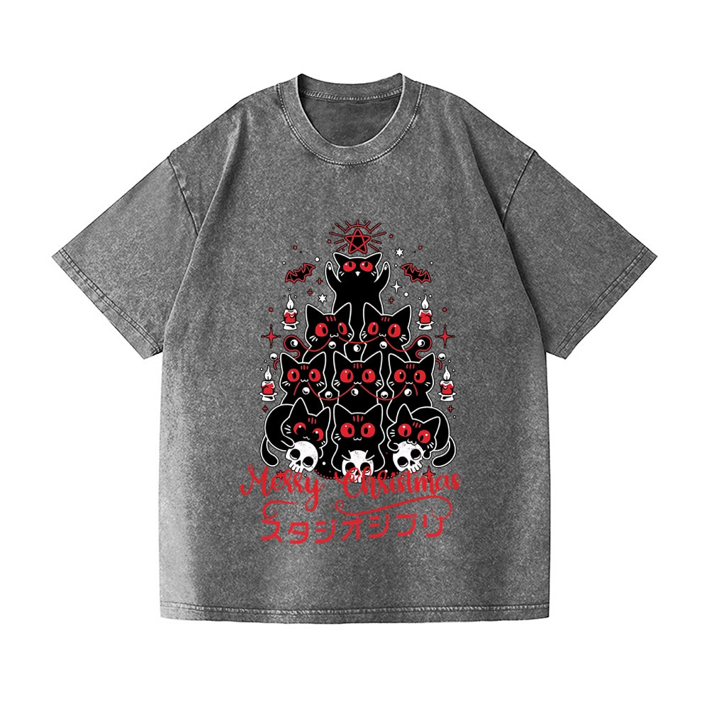 Dark Christmas Cat Vintage Wash Japanese Design T-Shirt