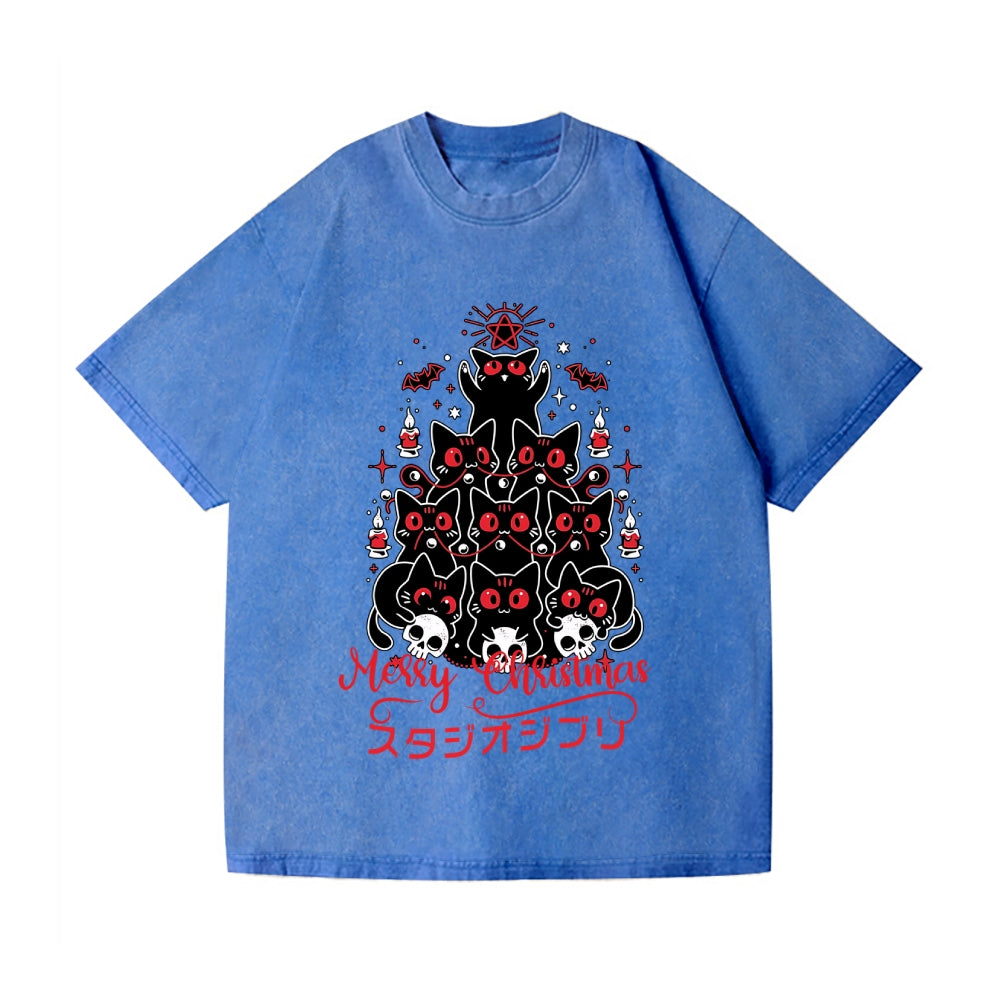 Dark Christmas Cat Vintage Wash Japanese Design T-Shirt