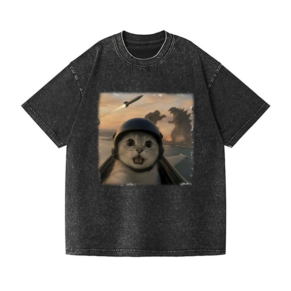 Kaiju Cat Vintage Wash Japanese Design T-Shirt
