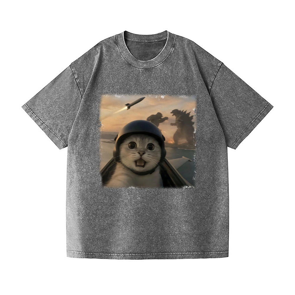 Kaiju Cat Vintage Wash Japanese Design T-Shirt
