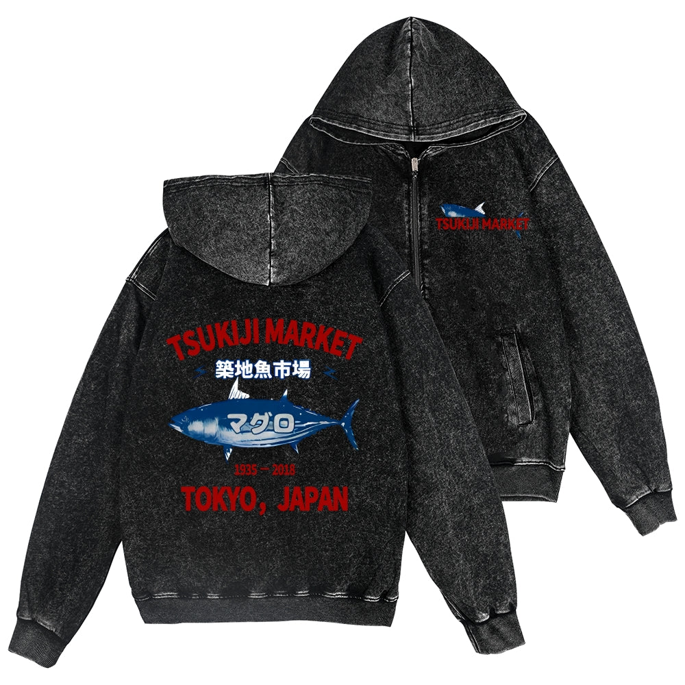 Tsukiji Market Fish Vintage Wash Zip Hoodie