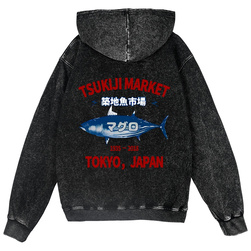 Tsukiji Market Fish Vintage Wash Zip Hoodie