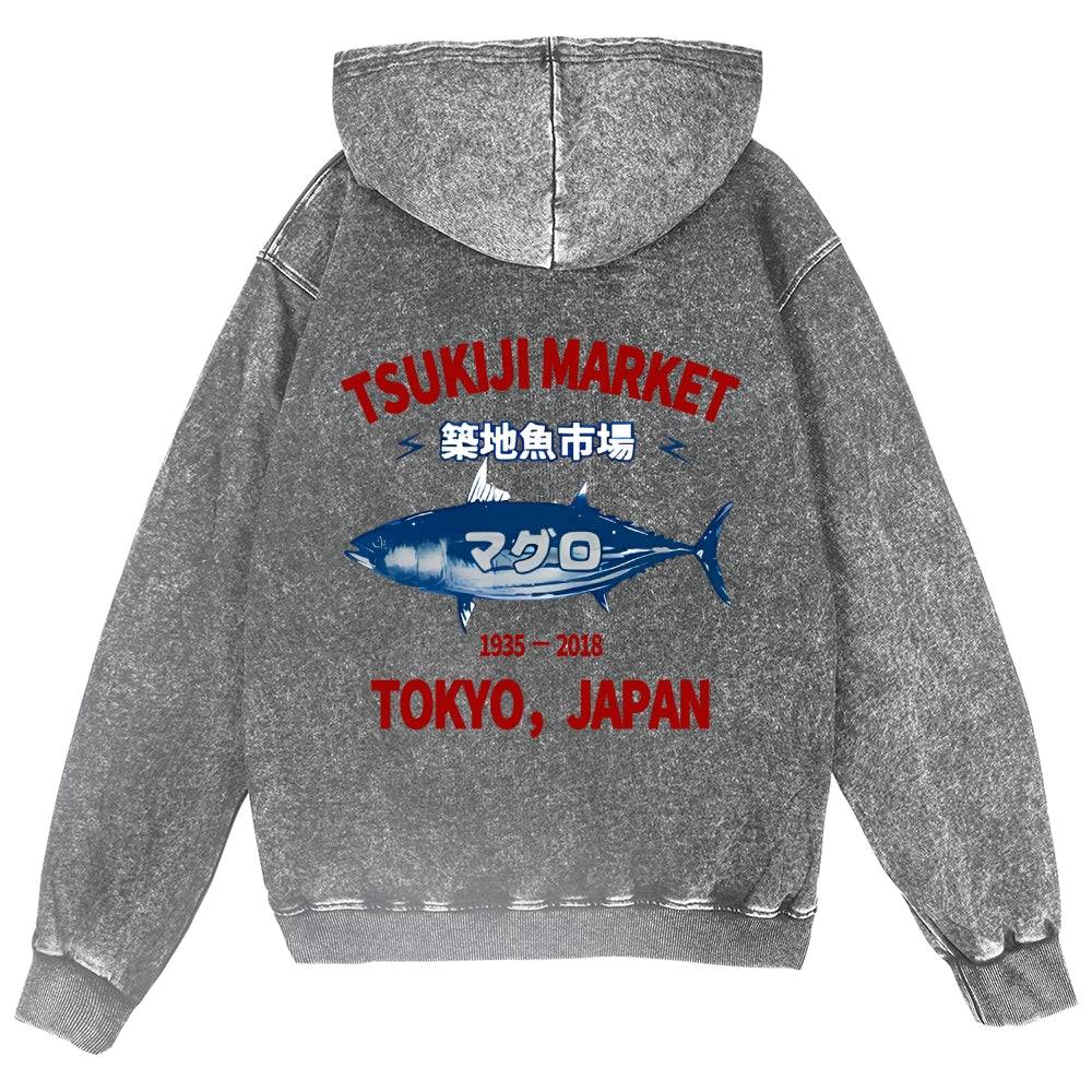 Tsukiji Market Fish Vintage Wash Zip Hoodie
