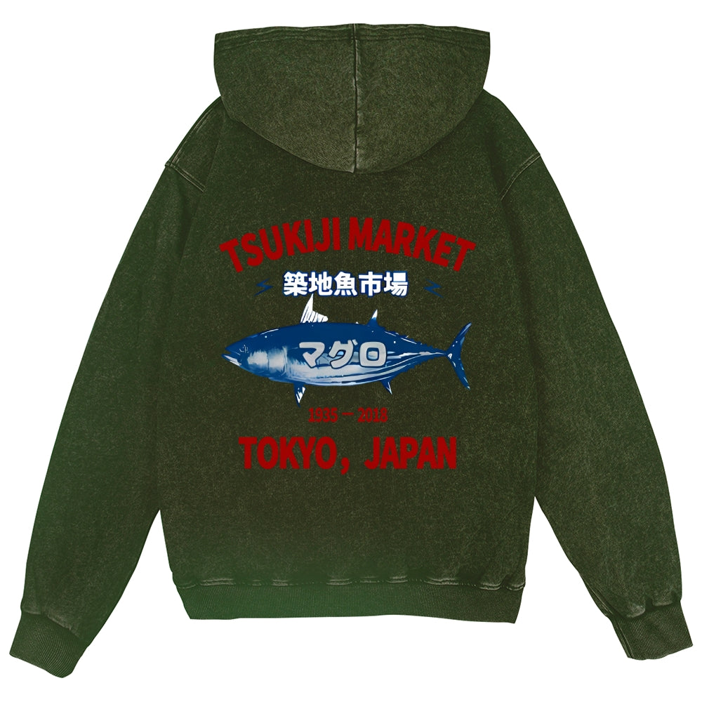 Tsukiji Market Fish Vintage Wash Zip Hoodie