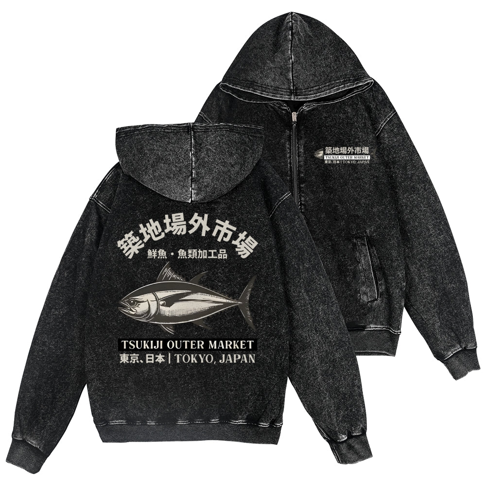Tsukiji Fish Market Vintage Wash Zip Hoodie