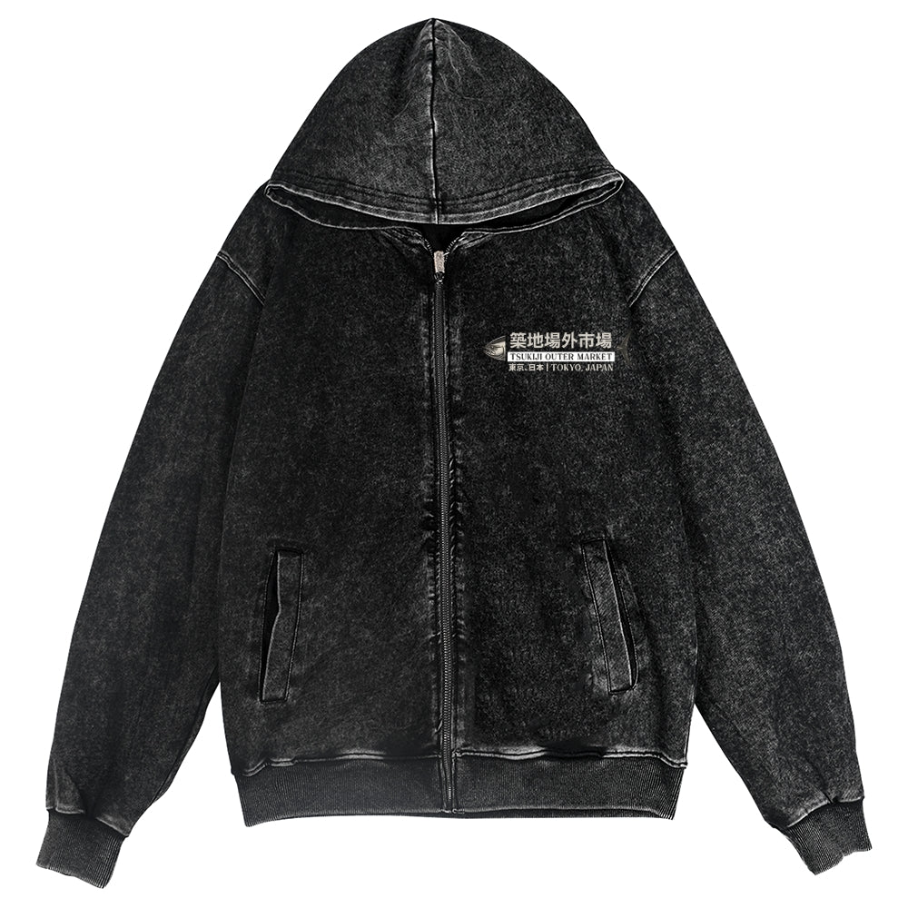Tsukiji Fish Market Vintage Wash Zip Hoodie