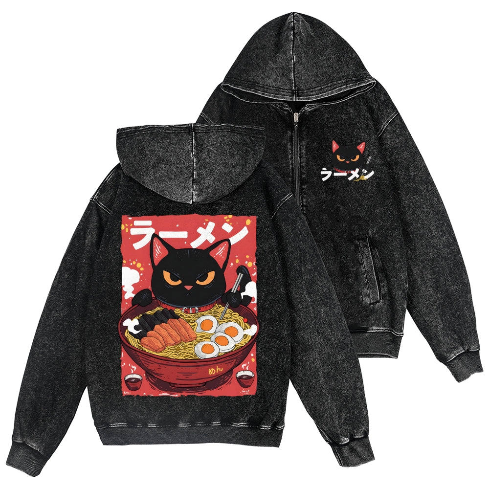Cat Ramen Vintage Wash Zip Hoodie