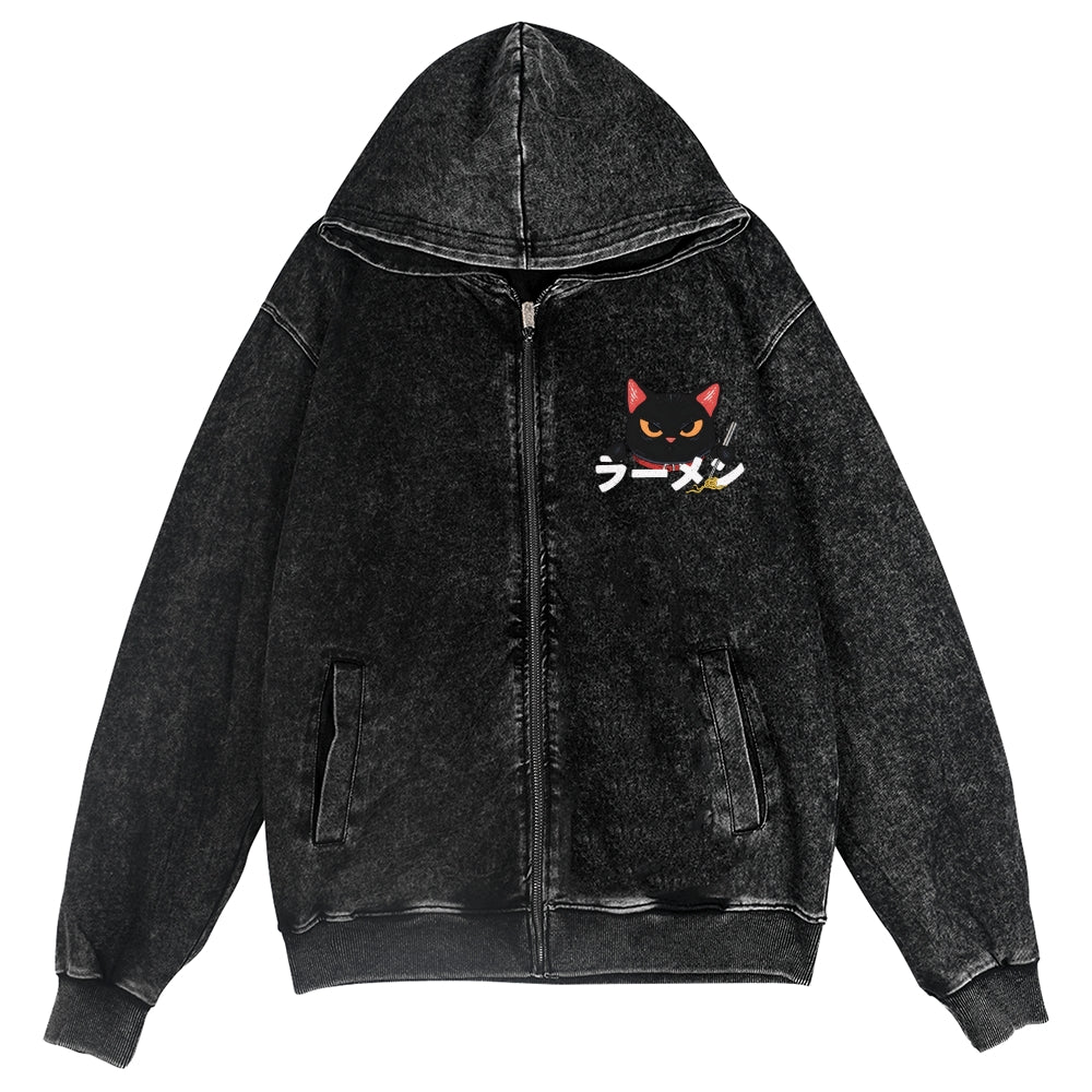 Cat Ramen Vintage Wash Zip Hoodie