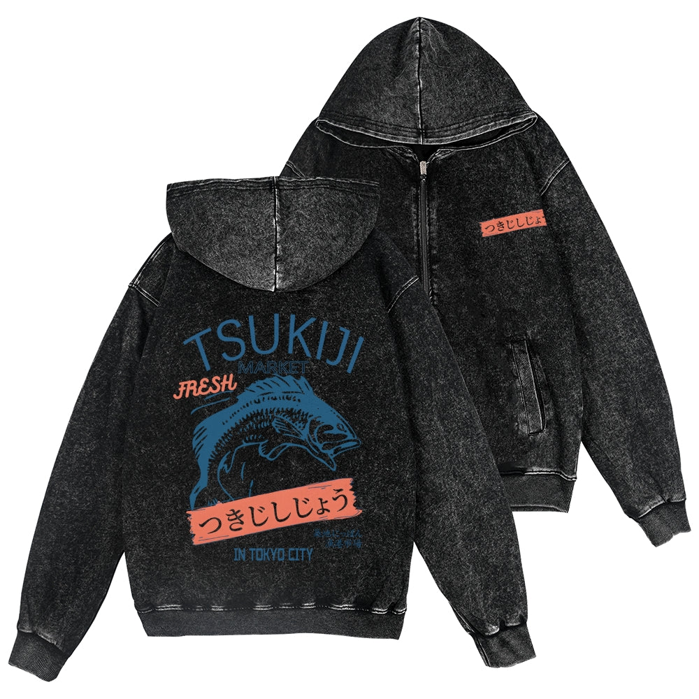 Tsukiji Fish Market Vintage Wash Zip Hoodie