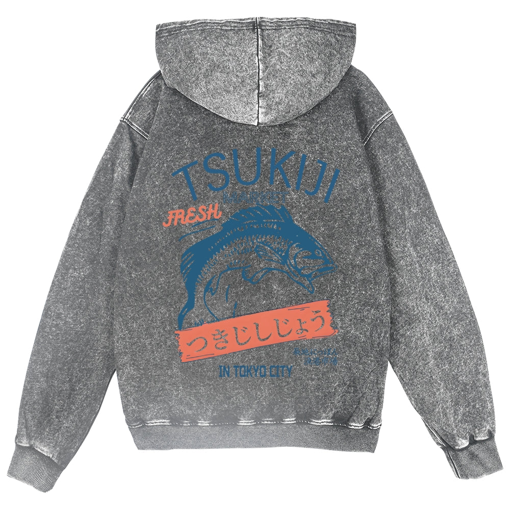 Tsukiji Fish Market Vintage Wash Zip Hoodie