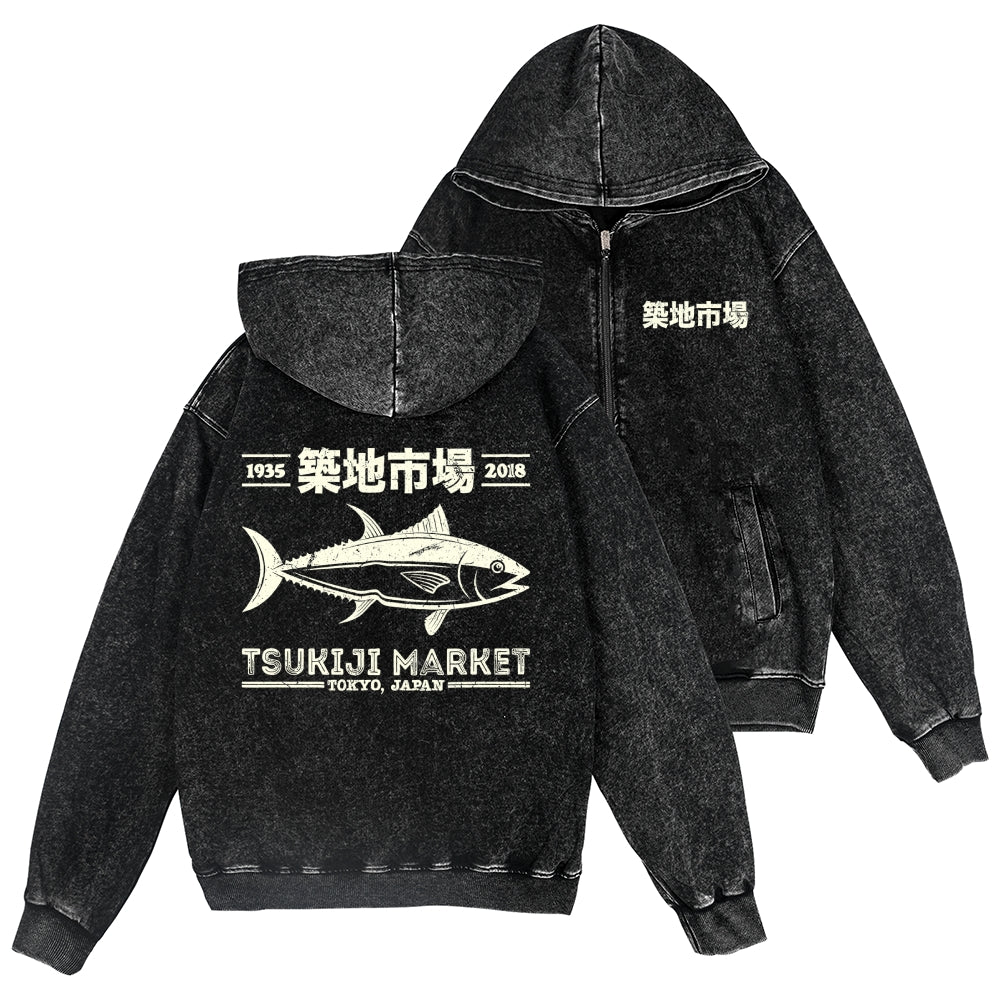 Tsukiji Fish Market Vintage Wash Zip Hoodie