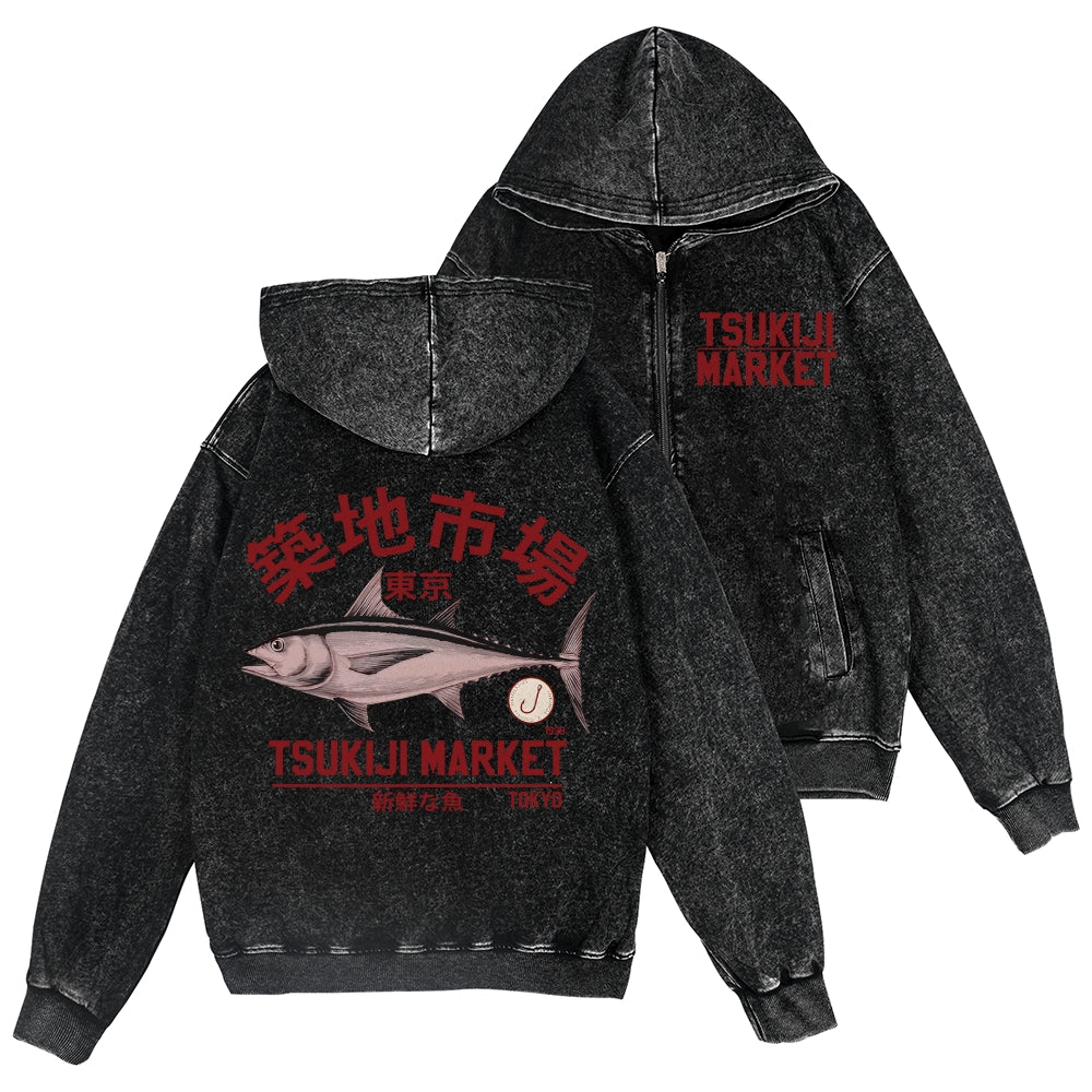 Tsukiji Fish Market Vintage Wash Zip Hoodie