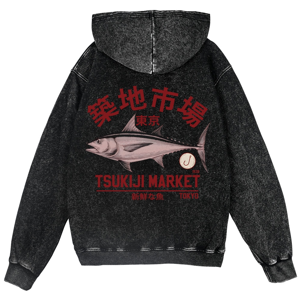 Tsukiji Fish Market Vintage Wash Zip Hoodie