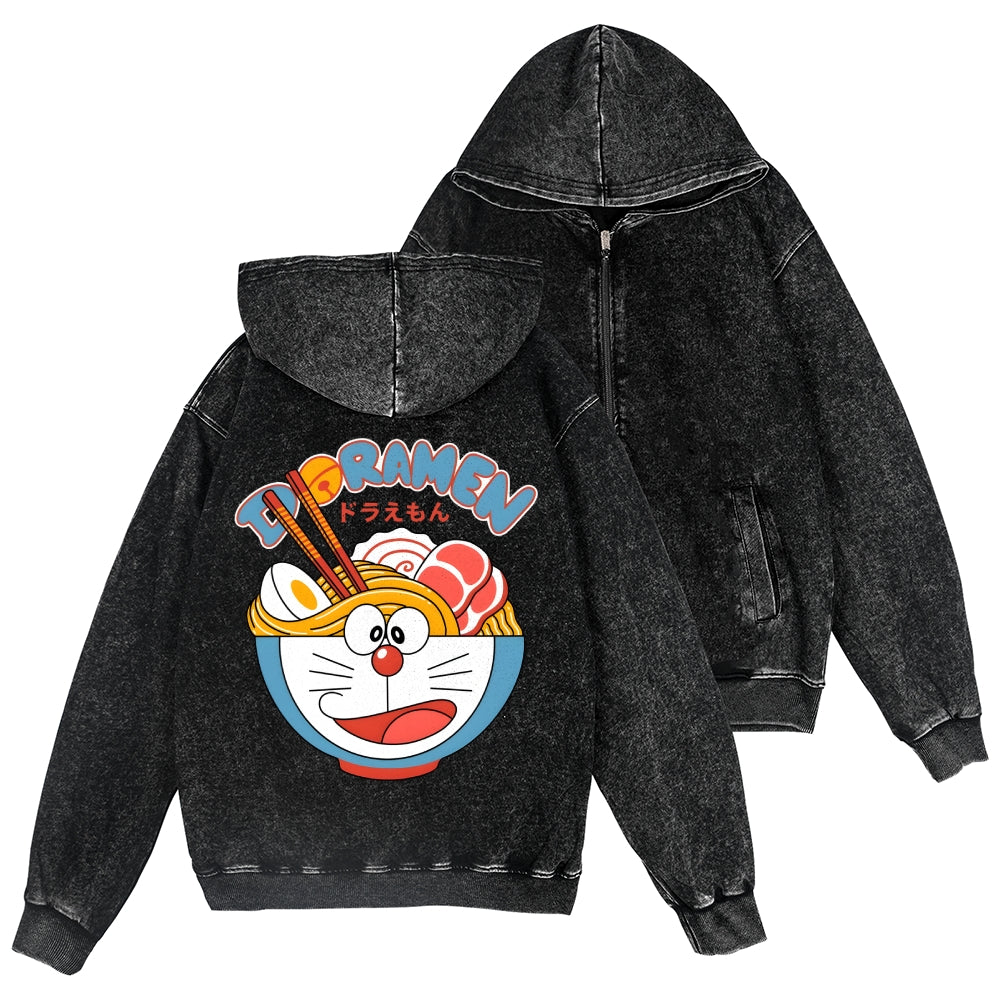 Cat Ramen Vintage Wash Zip Hoodie