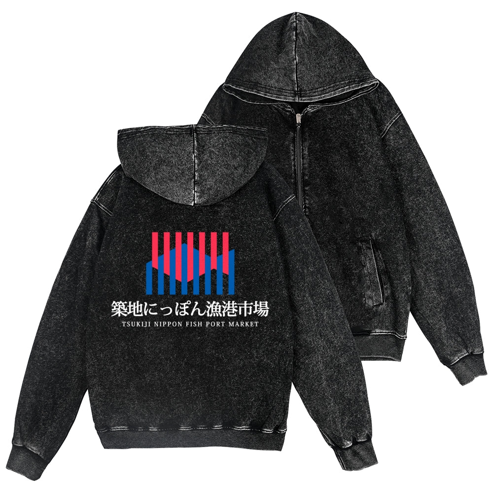 Tsukiji Fish Market Vintage Wash Zip Hoodie