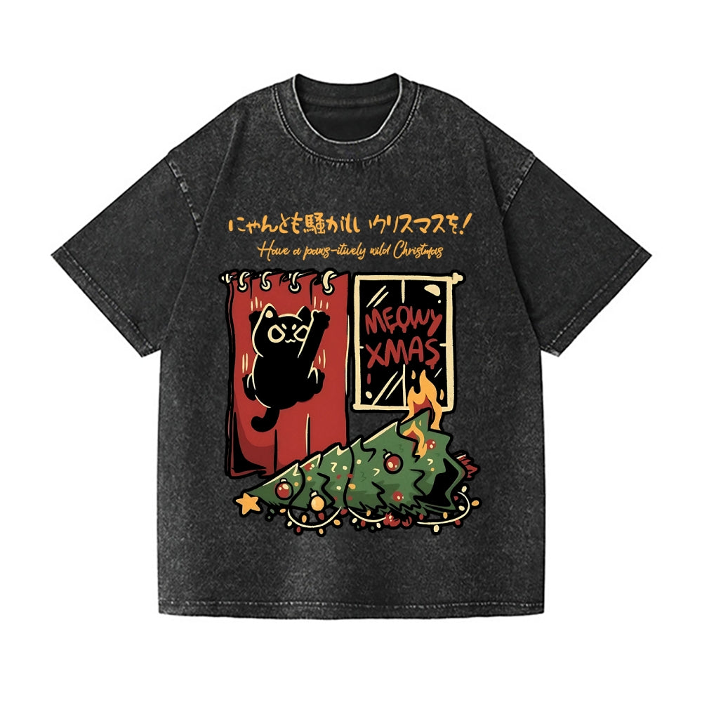 Christmas Cat Tree Vintage Wash Japanese Design T-Shirt